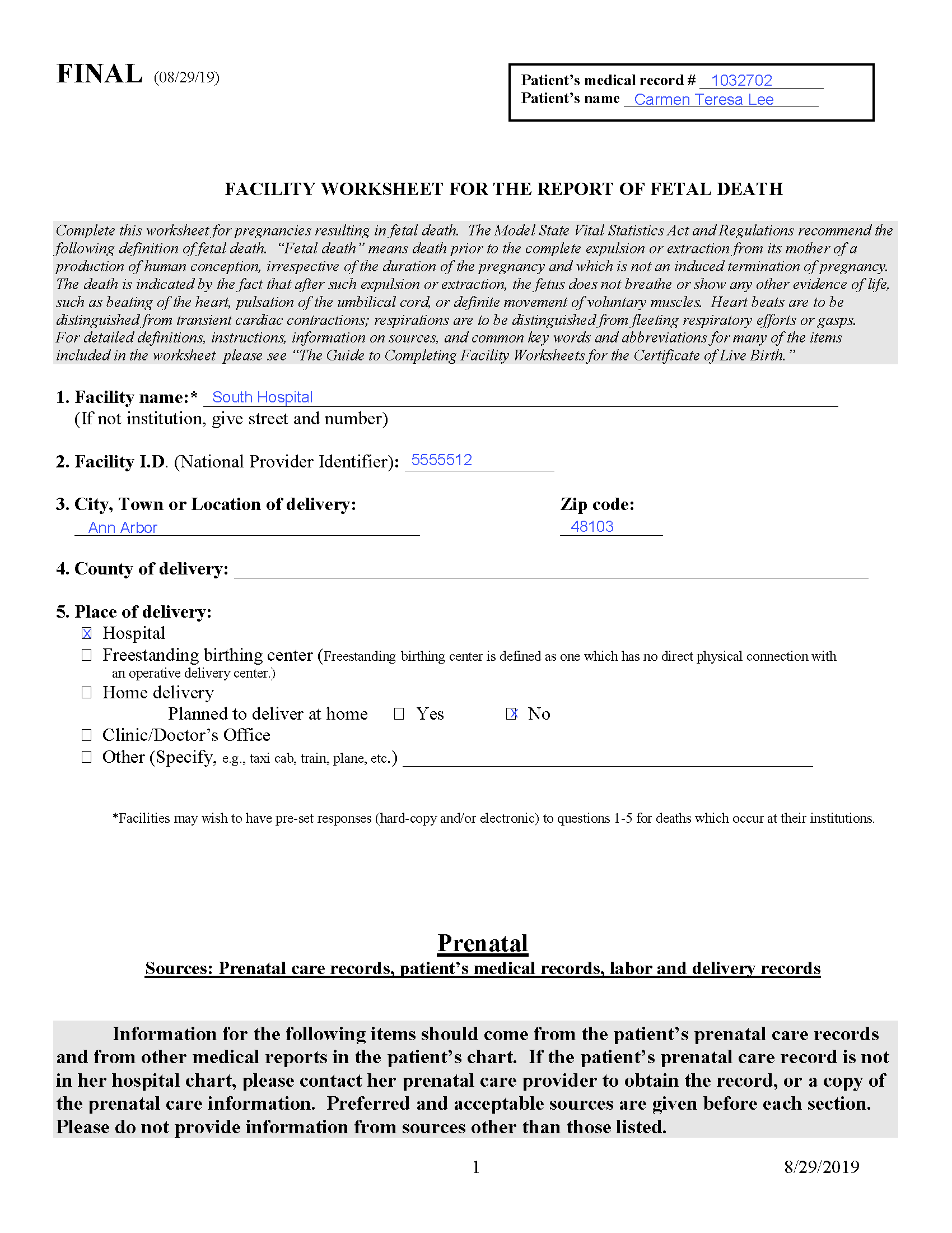 Example Facility Worksheet for Fetal Death Report - p1