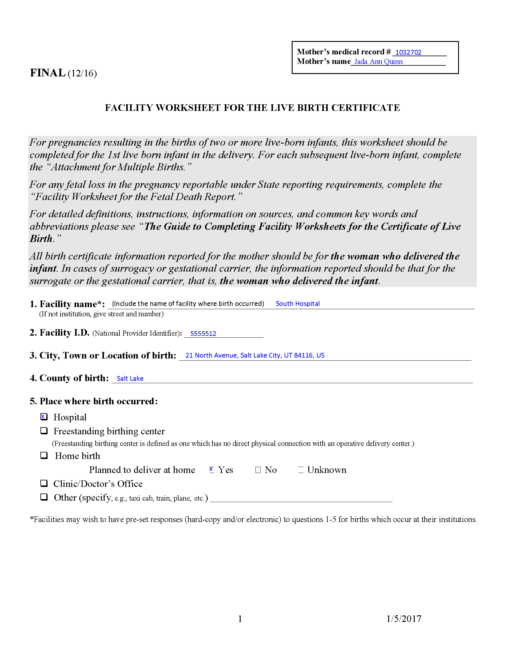 Example Facility Worksheet for Live Birth Certificate for Baby G Quinn - p1