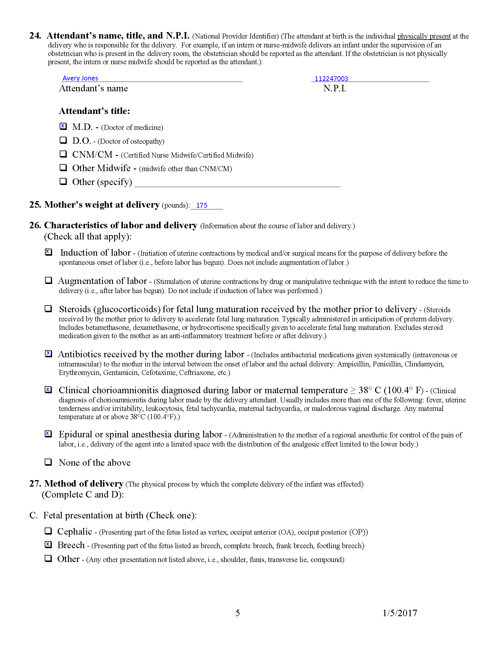 Example Facility Worksheet for Live Birth Certificate for Baby G Quinn - p5