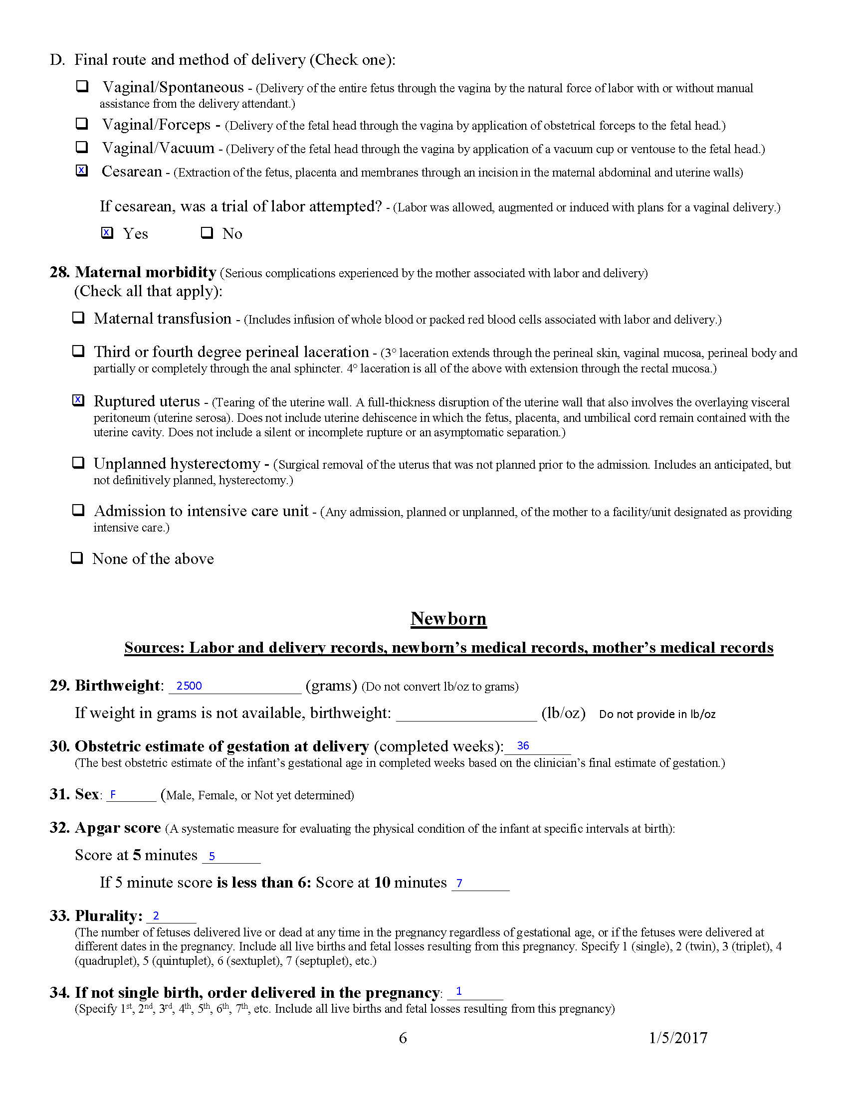 Example Facility Worksheet for Live Birth Certificate for Baby G Quinn - p6