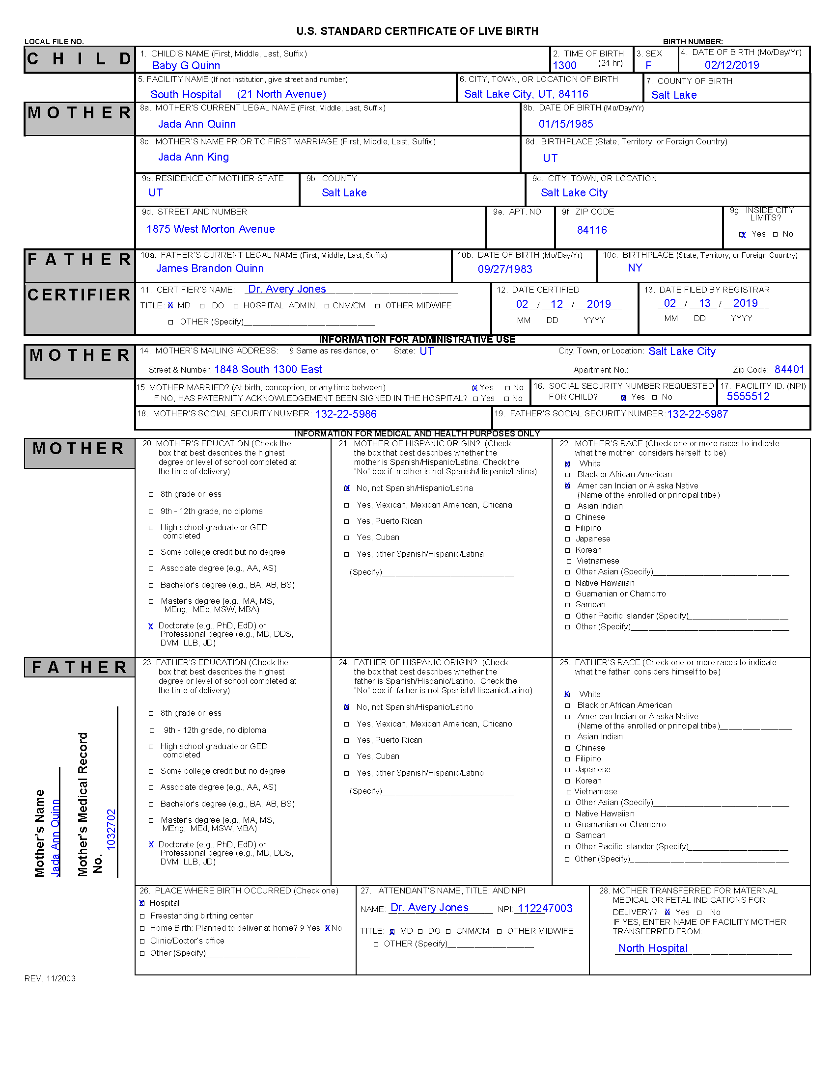 Example Birth Certficate for Baby G Quinn - p1