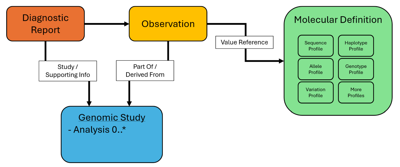 Molecular Definition resource relationships to Observation, Genomic Study, and Diagnostic Report resources