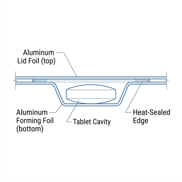 Cross-section diagram of Alu/Alu blister pack showing aluminum forming foil, lid foil, tablet cavity, and heat-sealed edges