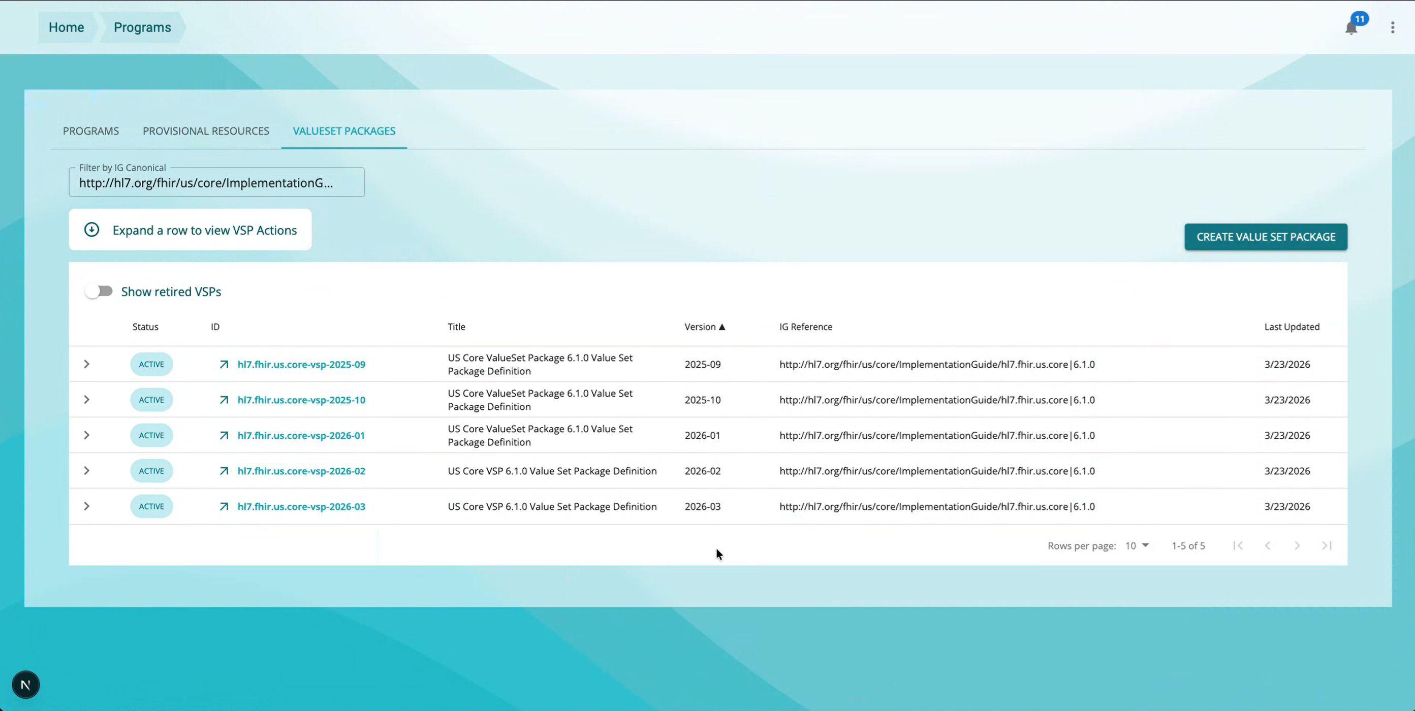 Browse value set packages