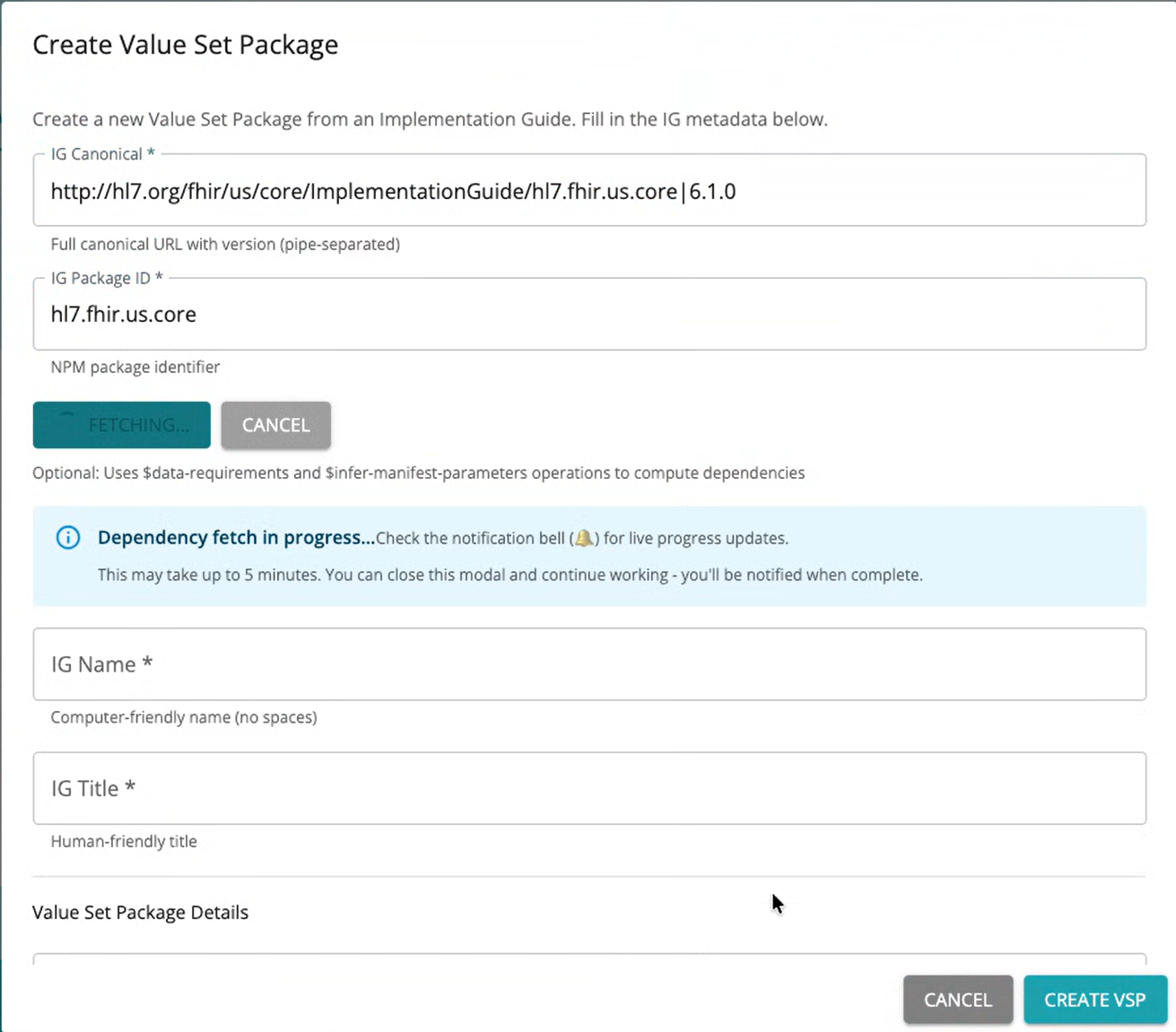 Create value set package